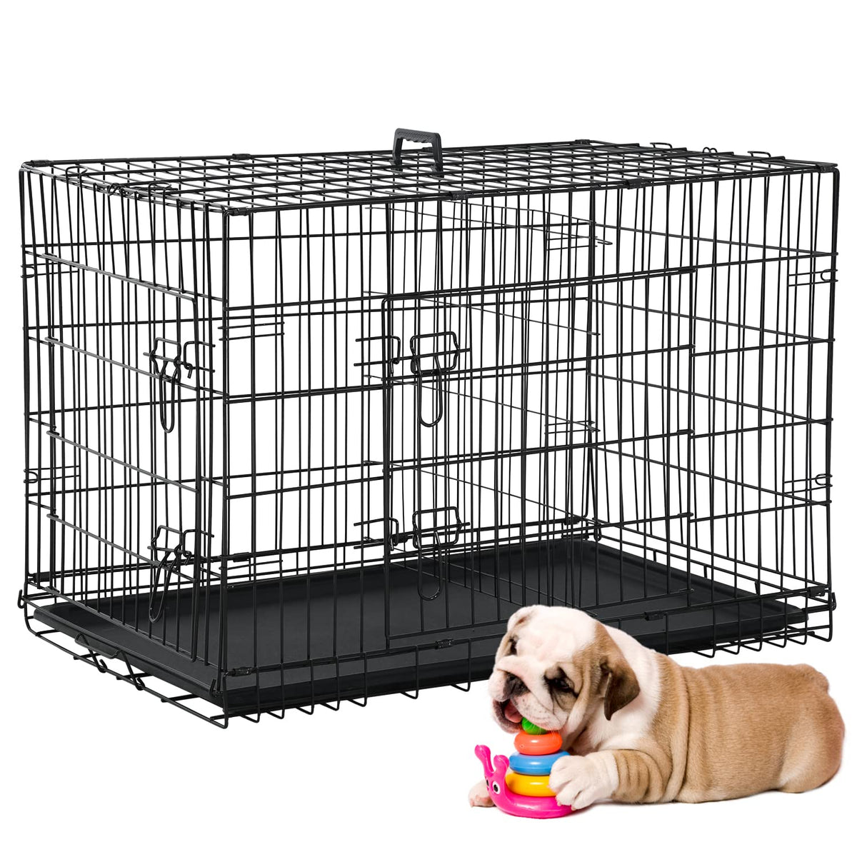 36 Inch Double-Door Metal Dog Crate with Tray and Divider O456423