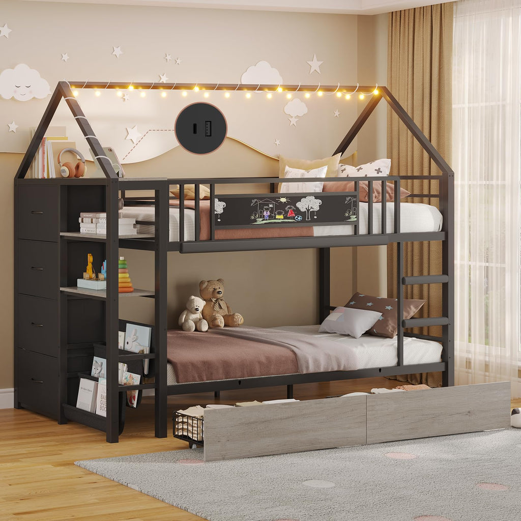Twin Bunk Bed with Storage Bookshelf, 6 Drawers & USB N1048