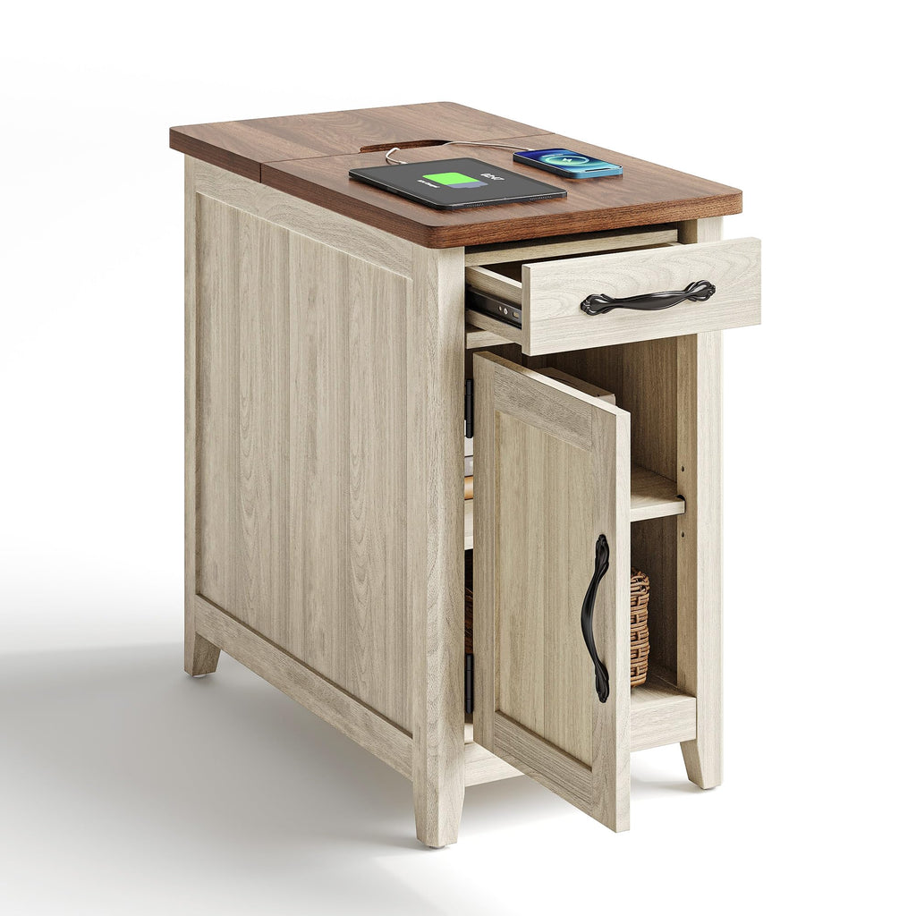 Charging End Table with USB Ports, Wooden Door, Washed Grey H91429