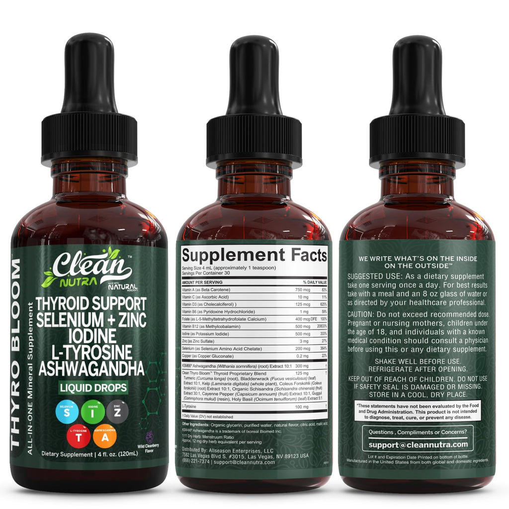 Liquid Thyroid Support Drops with Iodine Selenium Zinc Ashwagandha 4oz I96184