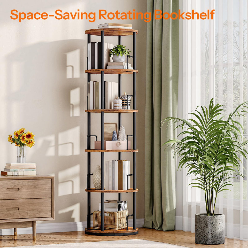 5-Tier Rotating Bookshelf, 360° Spinning Bookcase, Rustic Brown H605977