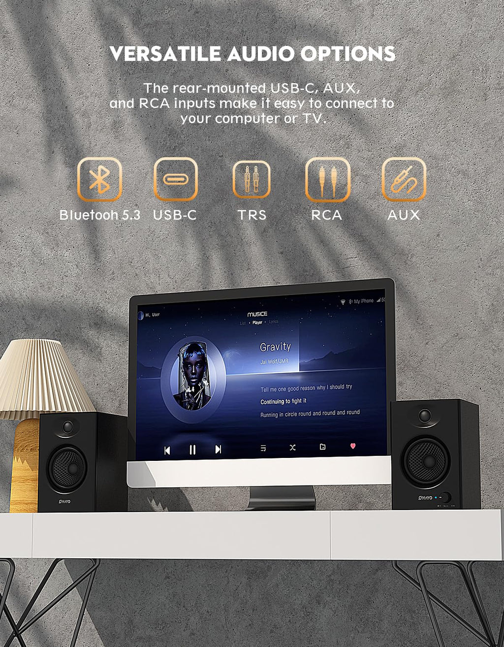 60W Bluetooth 5.3 Stereo 2.0 Computer Speakers 1 Pair Black E449