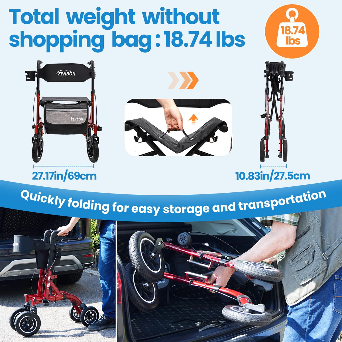 Foldable Rolling Walker with Seat 330 lbs Capacity 10 inch Wheels K4938