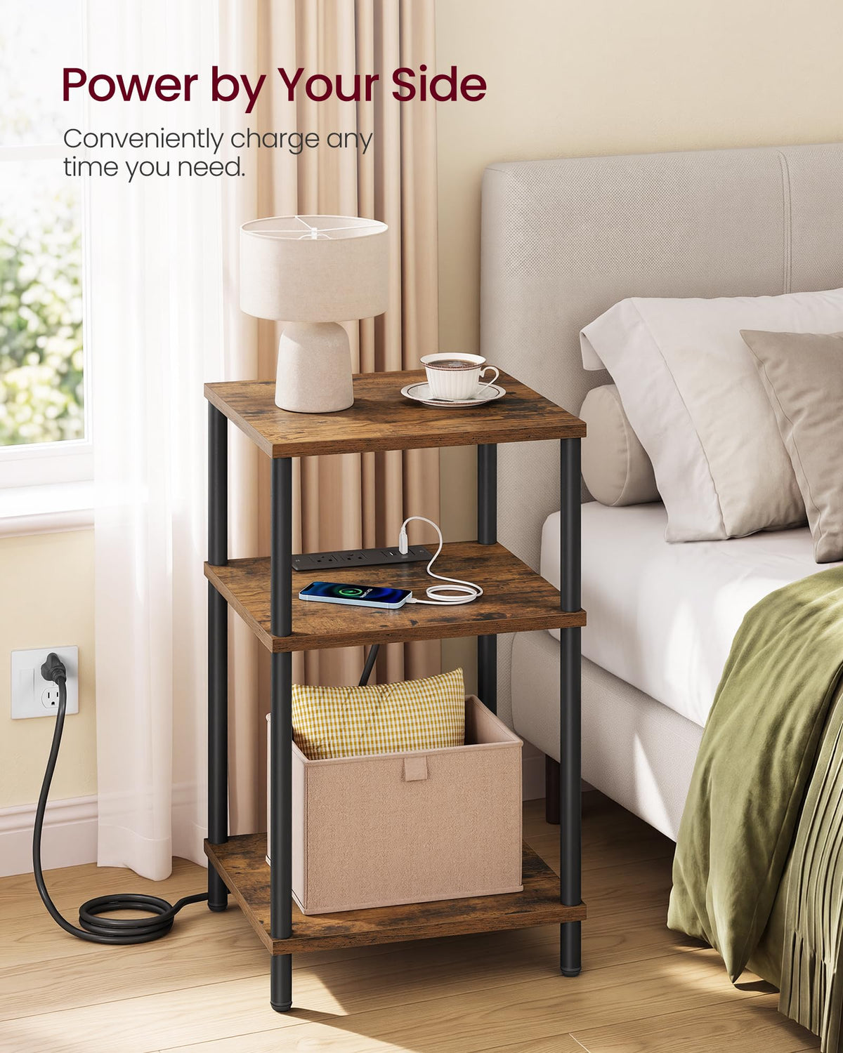 Side Table with Charging Station, 3-Tier End Table Z8414