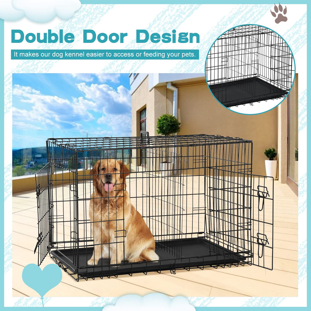 36 Inch Double-Door Metal Dog Crate with Tray and Divider O456423