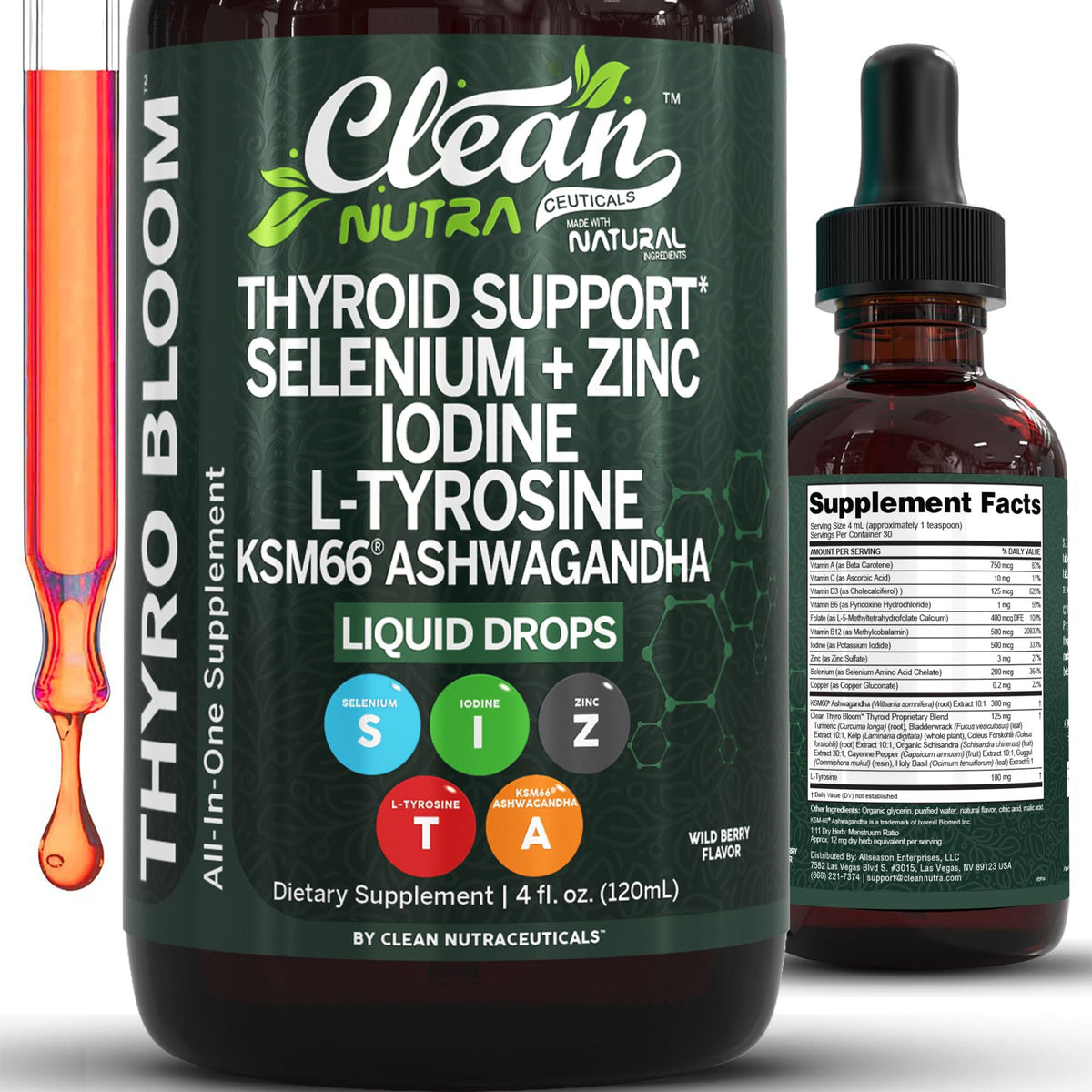 Liquid Thyroid Support Drops with Iodine Selenium Zinc Ashwagandha 4oz I96184