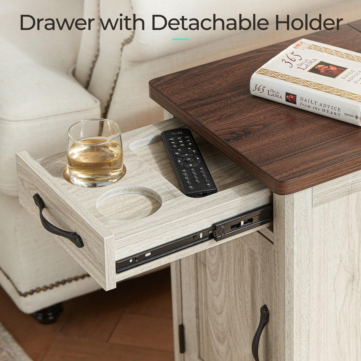 Charging End Table with USB Ports, Wooden Door, Washed Grey H91429