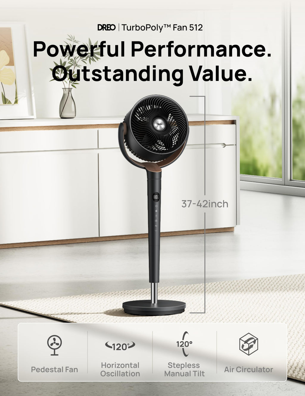 120° Oscillating Standing Fan, Quiet Floor Fan with DC Motor, 9 Speeds, 4 modes, 37-42" Adjustable Height, 9H Timer, Dark Gray Q597347