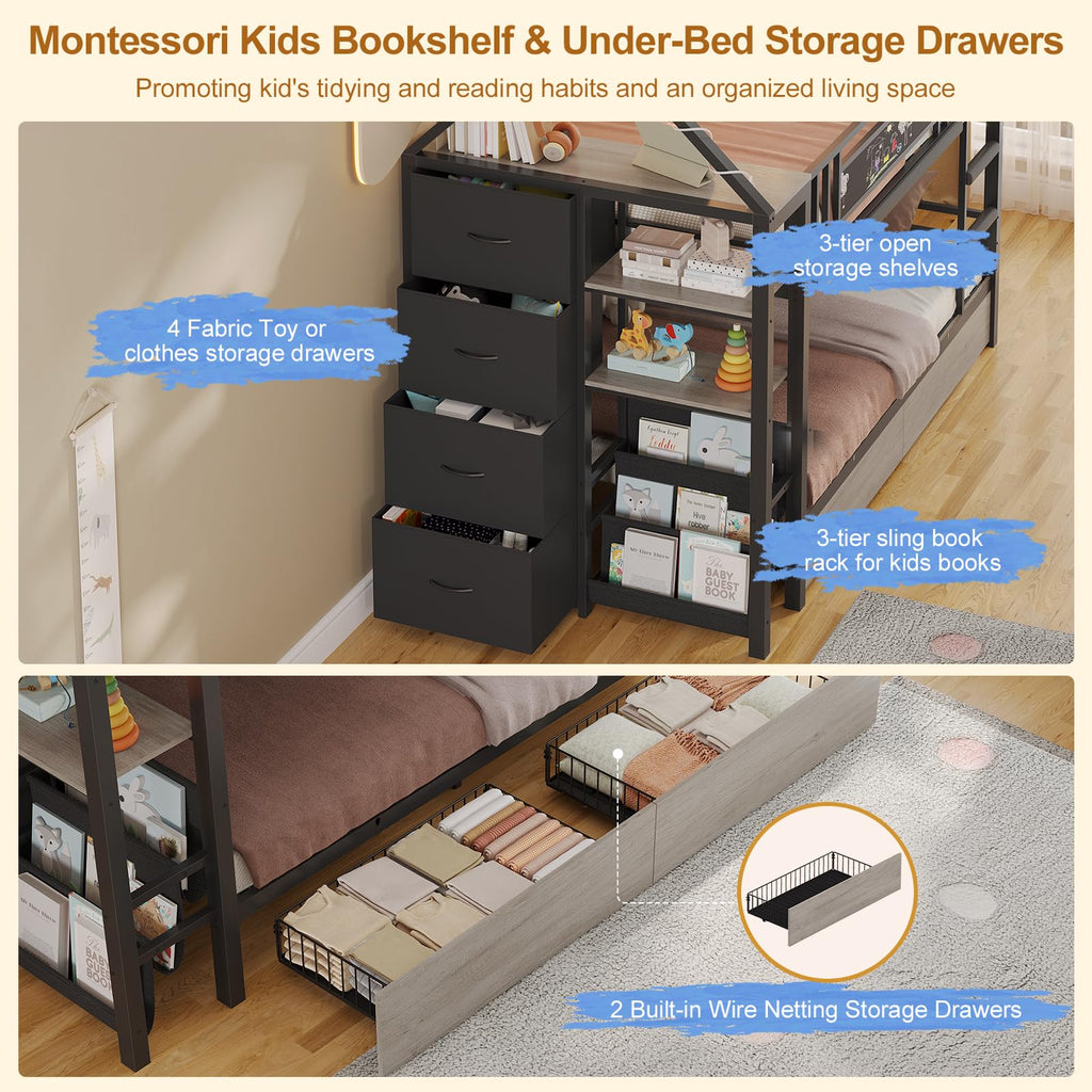 Twin Bunk Bed with Storage Bookshelf, 6 Drawers & USB N1048