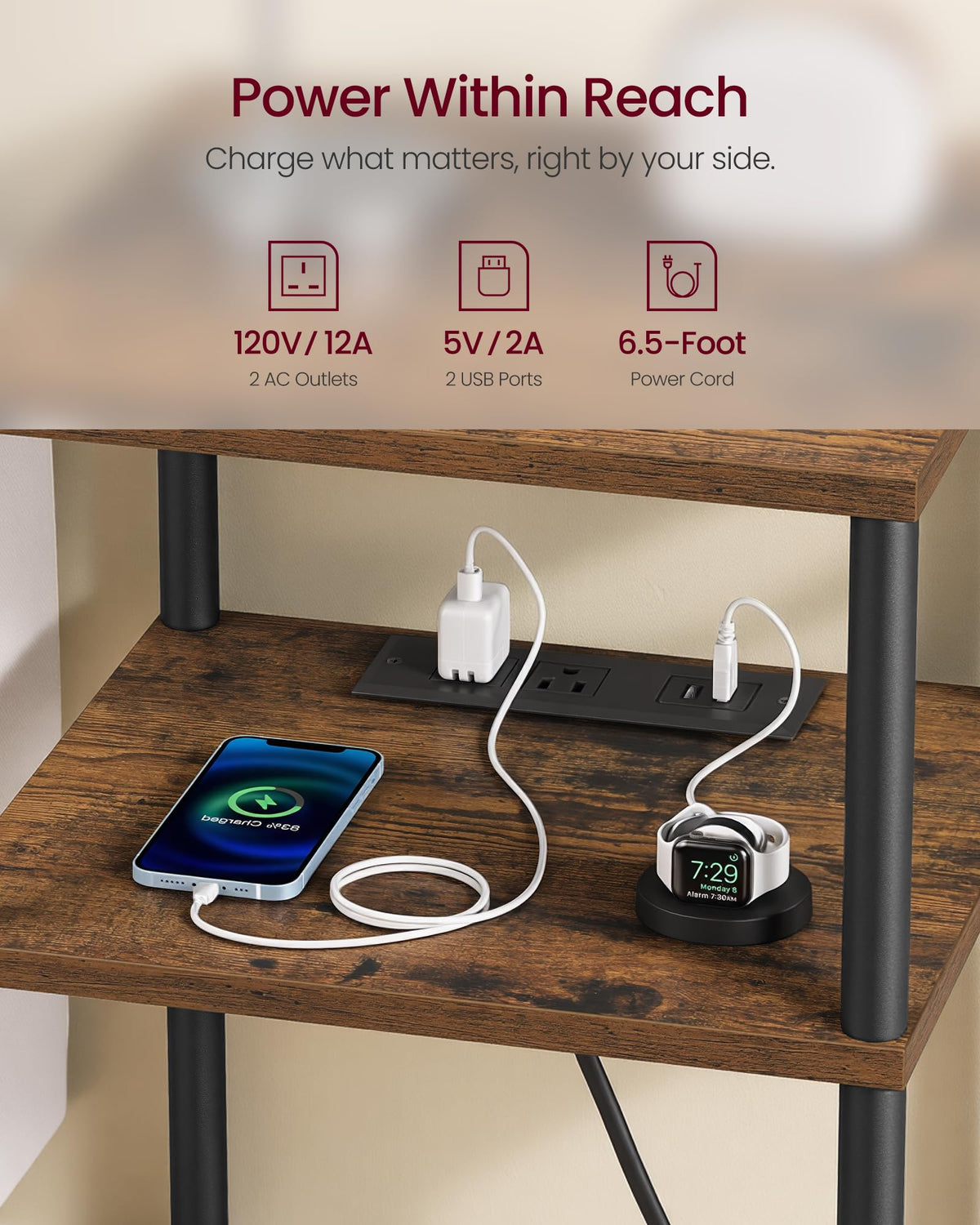 Side Table with Charging Station, 3-Tier End Table Z8414