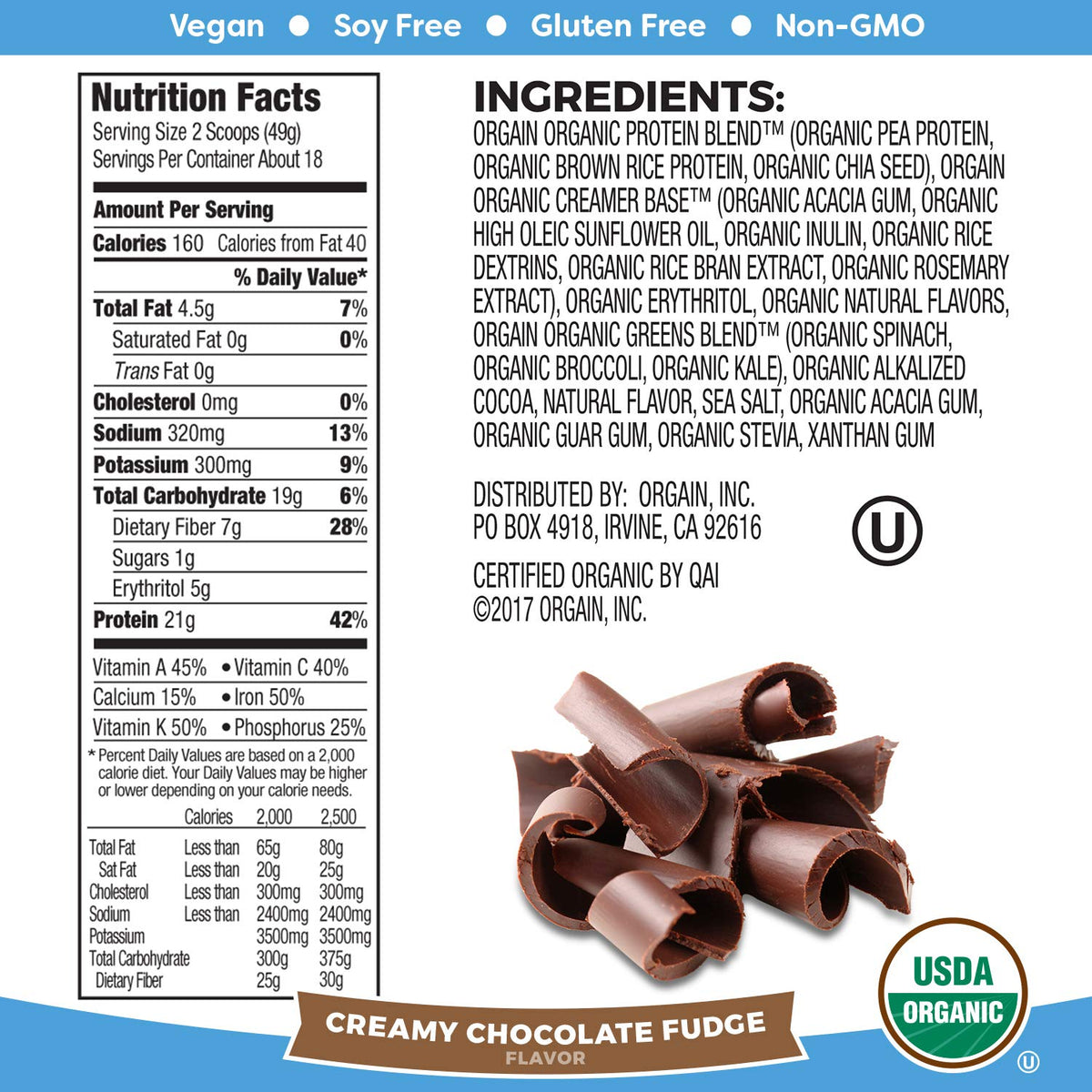 Organic Vegan Protein Powder + Greens, Creamy Chocolate Fudge, Vanilla Bean K173153