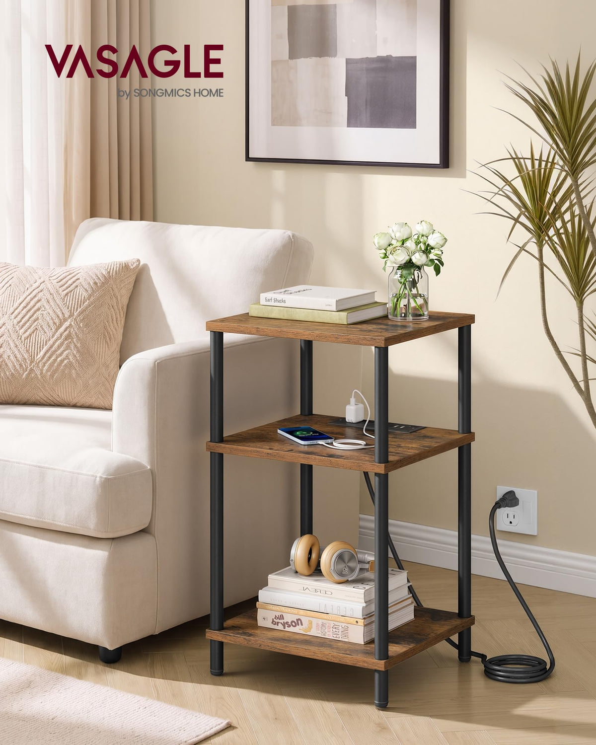 Side Table with Charging Station, 3-Tier End Table Z8414