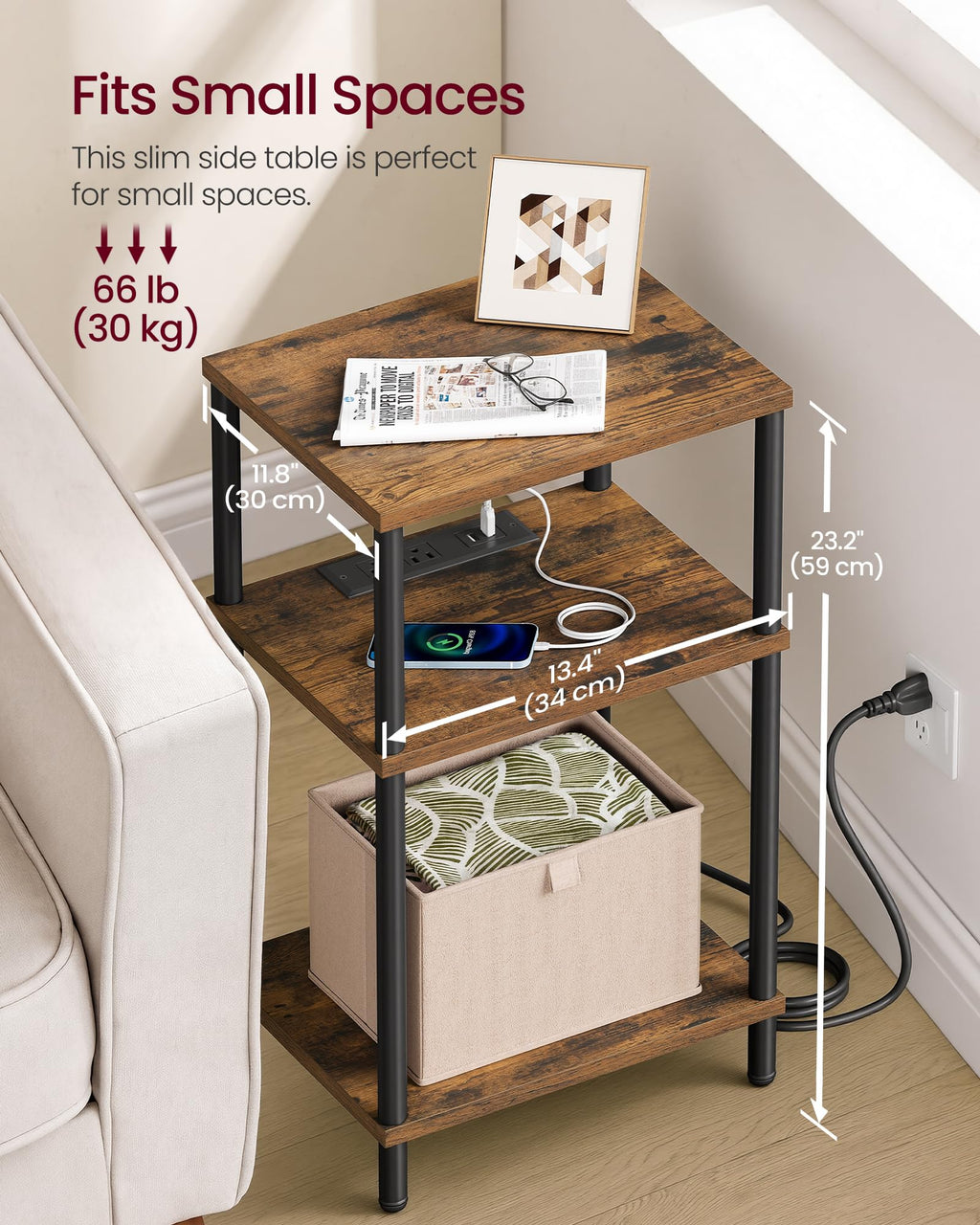 Side Table with Charging Station, 3-Tier End Table Z8414