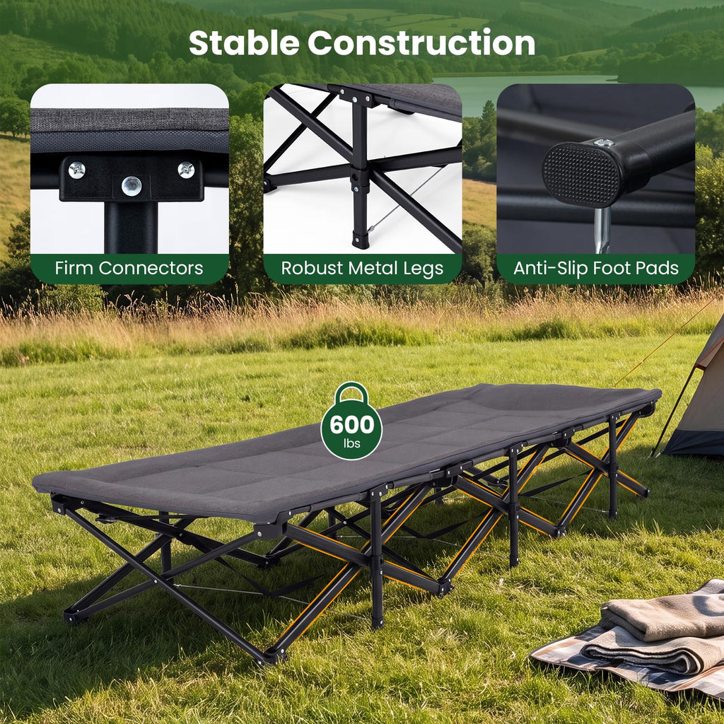 Camping Cot with Padded Pillow, Carry Bag, 600 lbs, Grey L6412