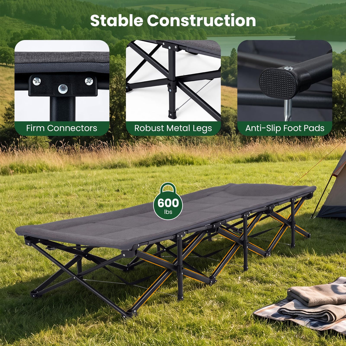 Camping Cot with Padded Pillow, Carry Bag, 600 lbs, Grey L6412
