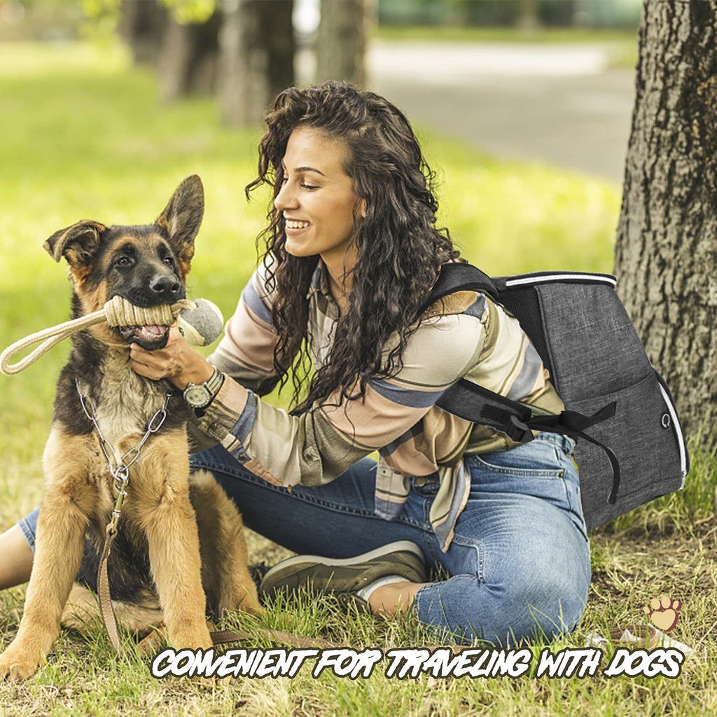Dog Travel Bag Backpack with 2 Silicone Collapsible Bowls and 2 Food Baskets Grey A33346