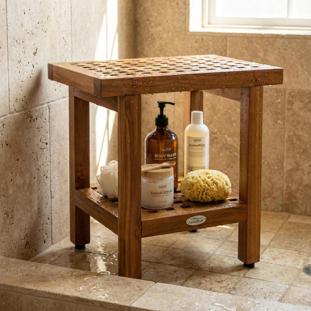 18" Teak Shower Bench with Shelf V48043