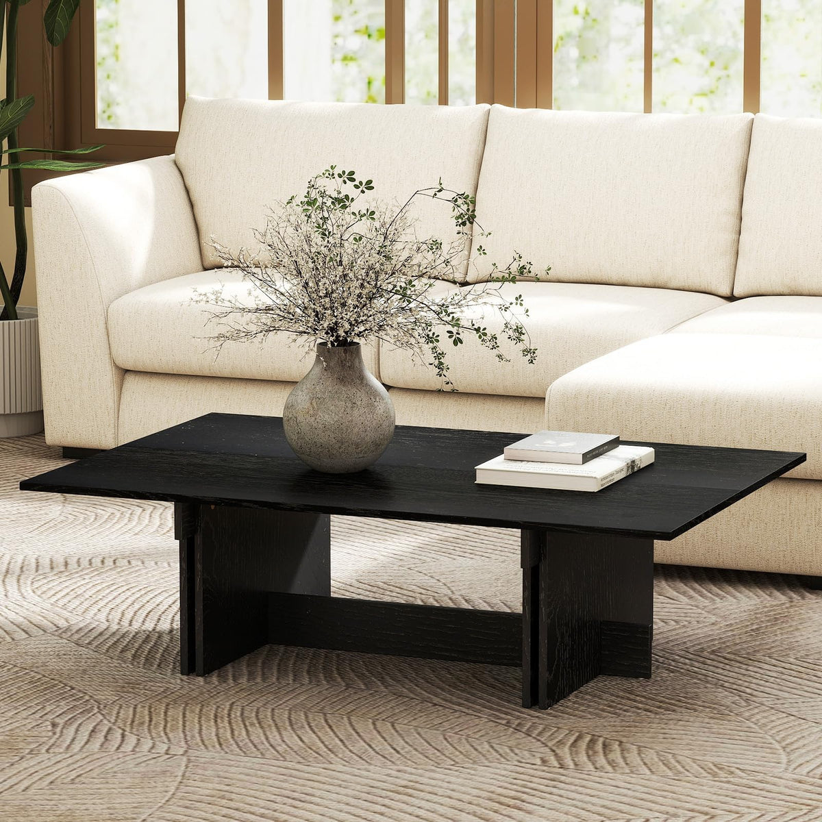 48" Rustic Wood Coffee Table with Geometric Base T87469