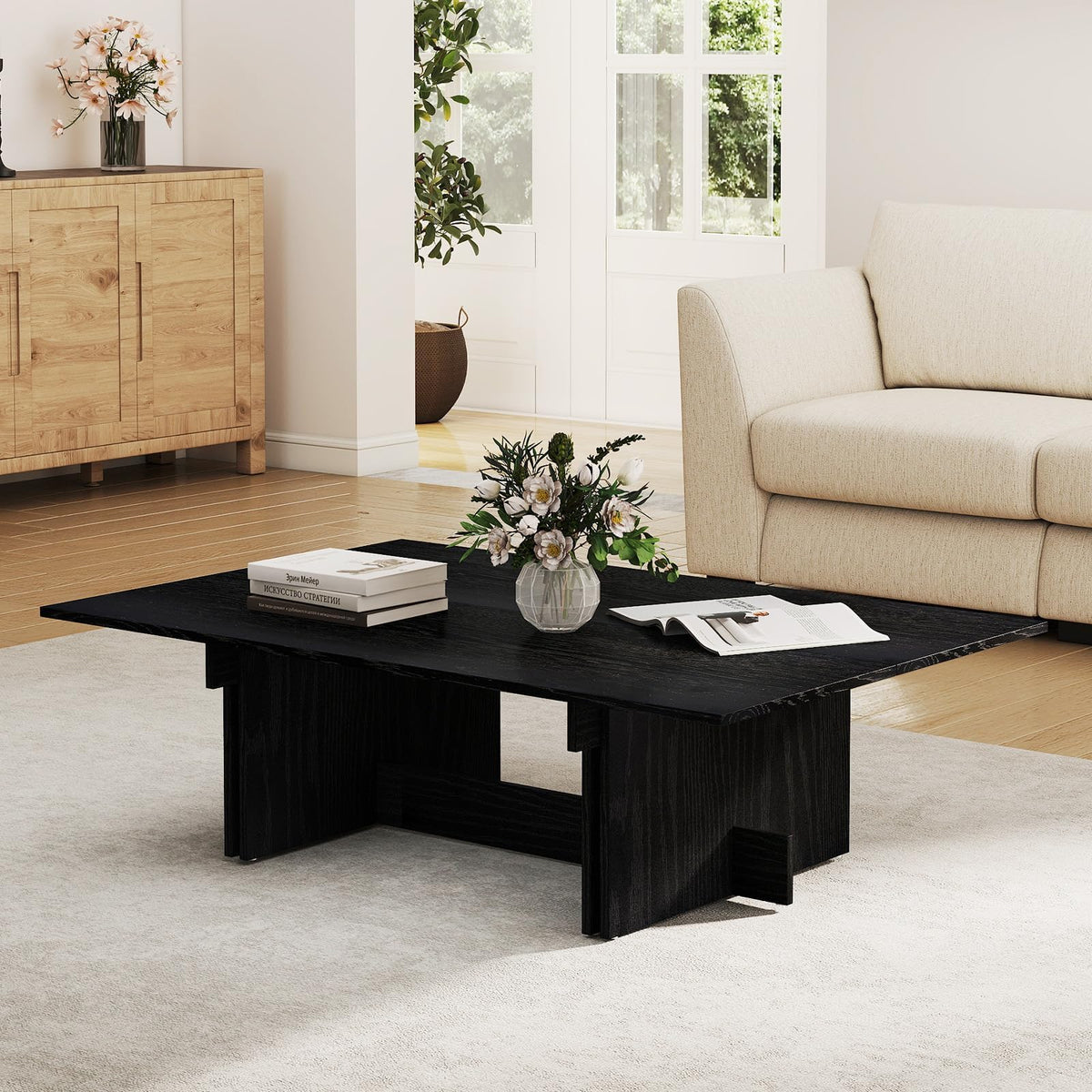 48" Rustic Wood Coffee Table with Geometric Base T87469