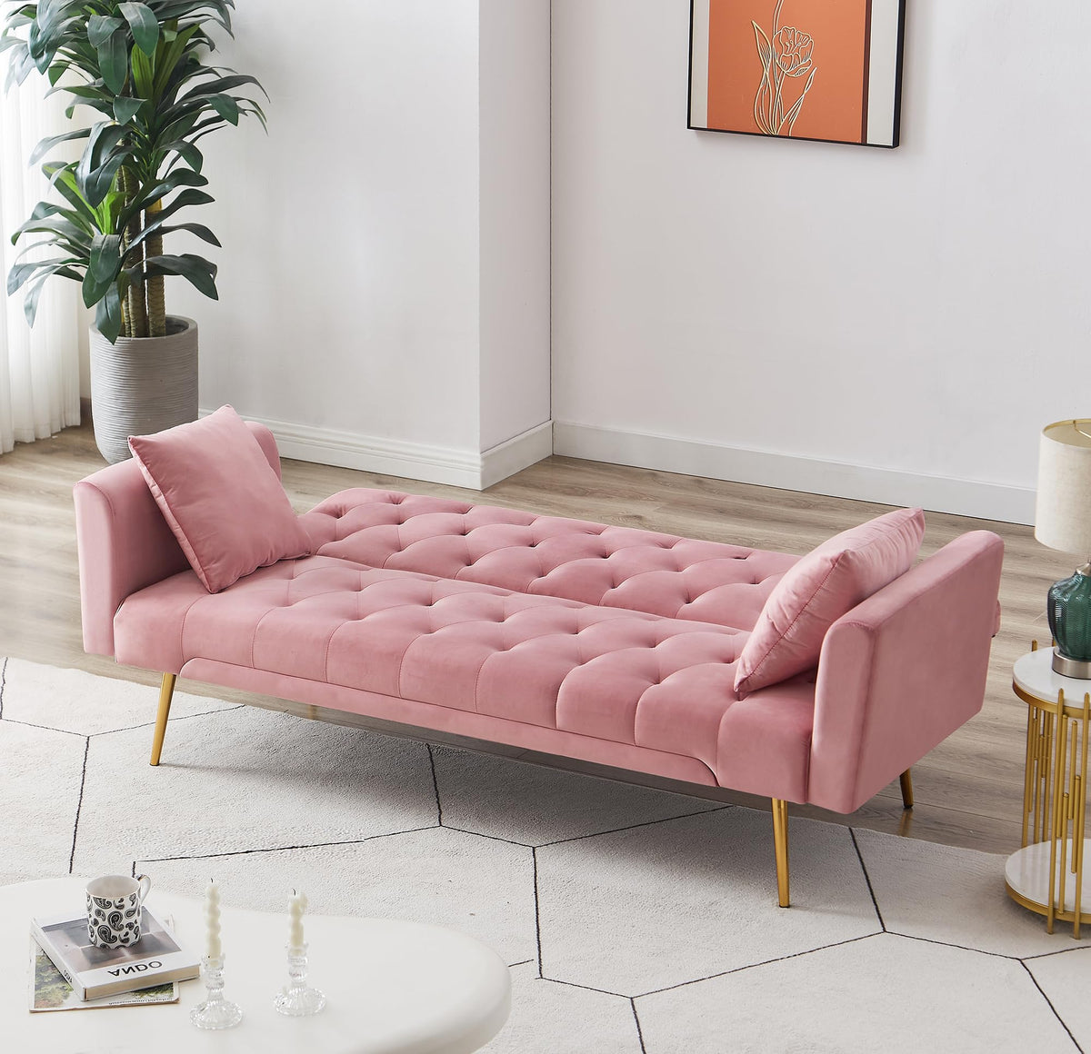 Pink Velvet Convertible Sleeper Sofa Bed X55087