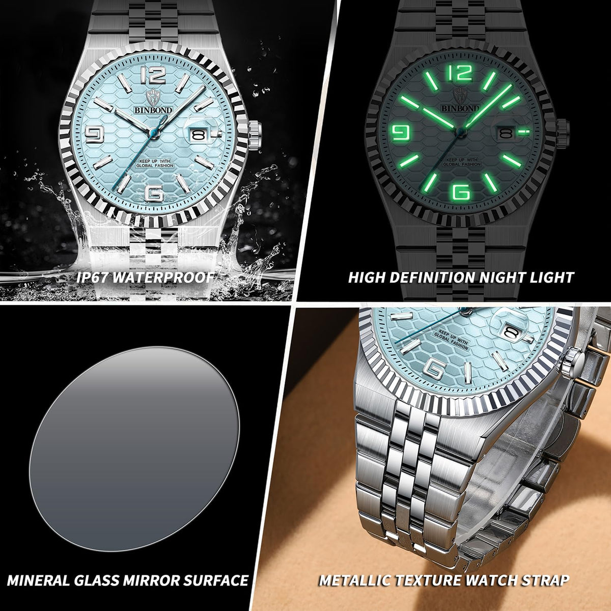Men's 40mm Slim Quartz Wristwatch with Luminous Hands and Stainless Steel Strap F719