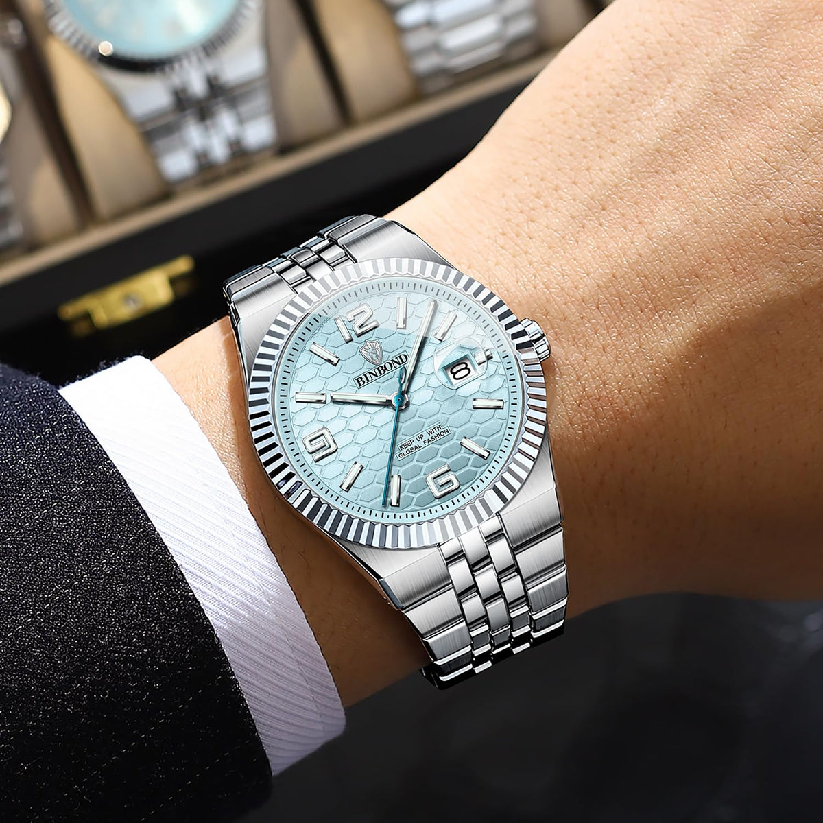 Men's 40mm Slim Quartz Wristwatch with Luminous Hands and Stainless Steel Strap F719