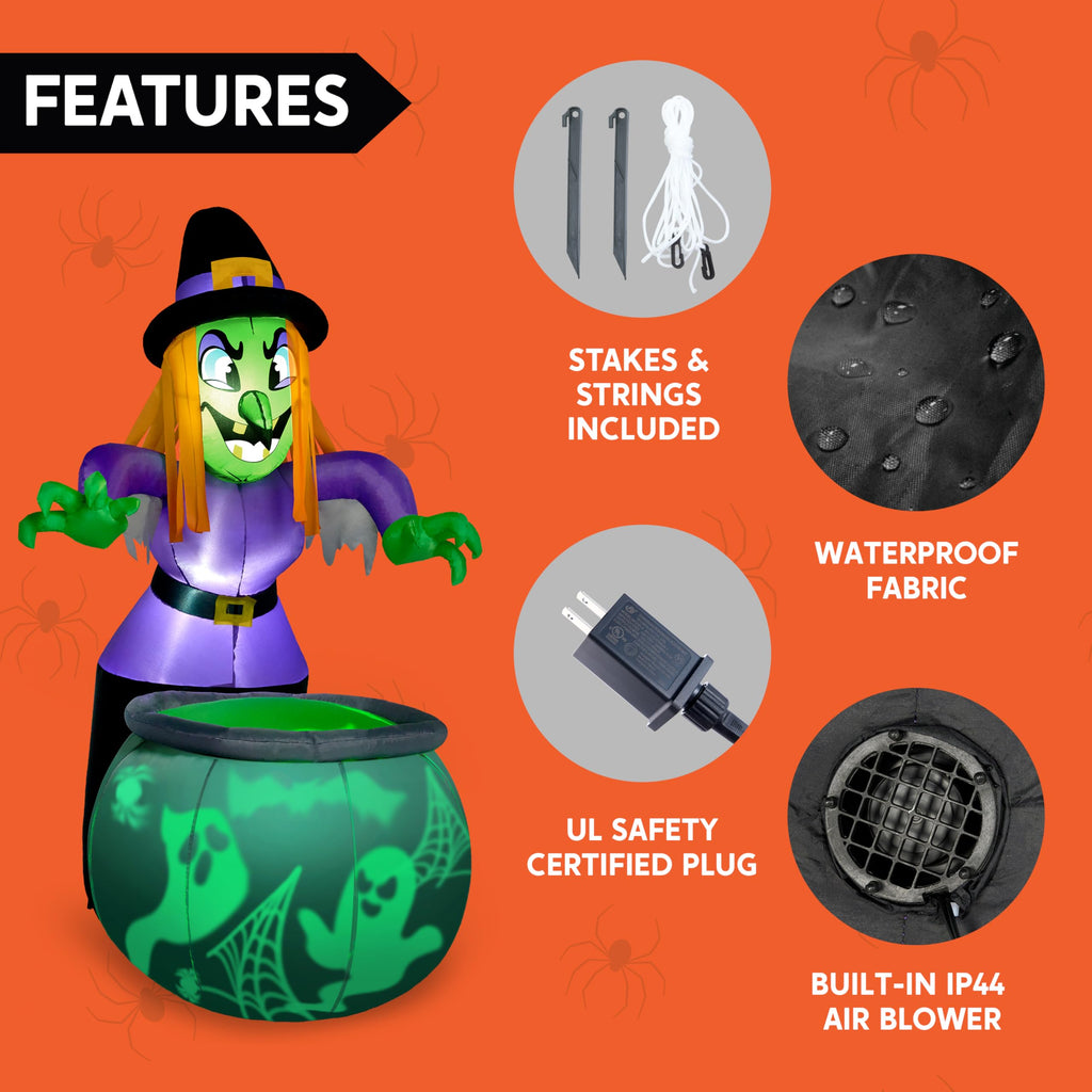 6 Ft Halloween Inflatable Witch and Cauldron Decoration with Green Ghost Light X19009