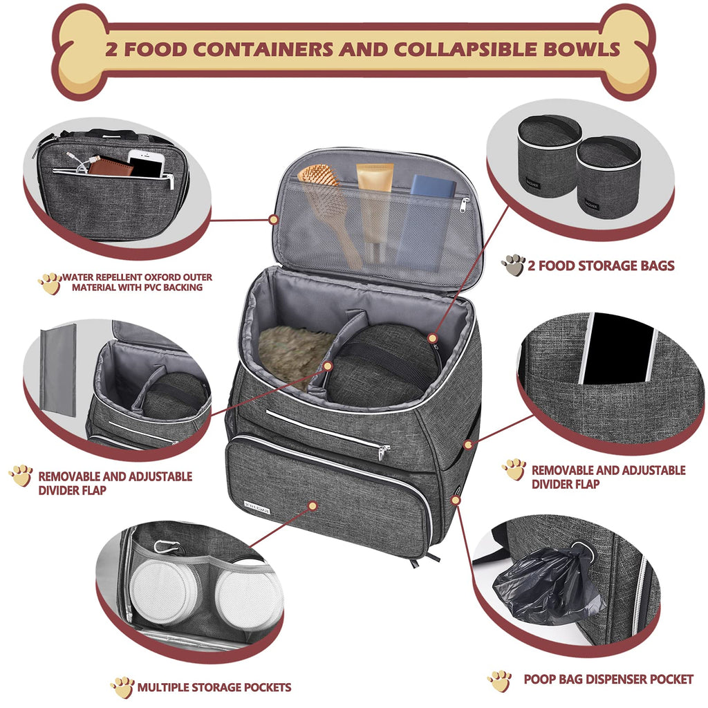 Dog Travel Bag Backpack with 2 Silicone Collapsible Bowls and 2 Food Baskets Grey A33346