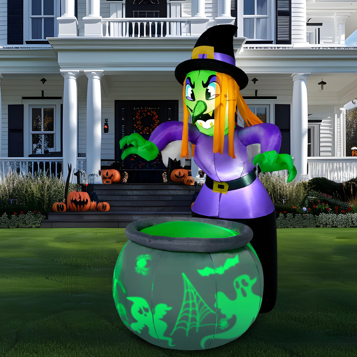 6 Ft Halloween Inflatable Witch and Cauldron Decoration with Green Ghost Light X19009