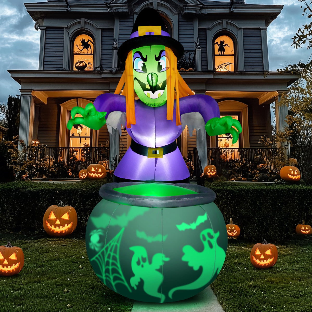 6 Ft Halloween Inflatable Witch and Cauldron Decoration with Green Ghost Light X19009