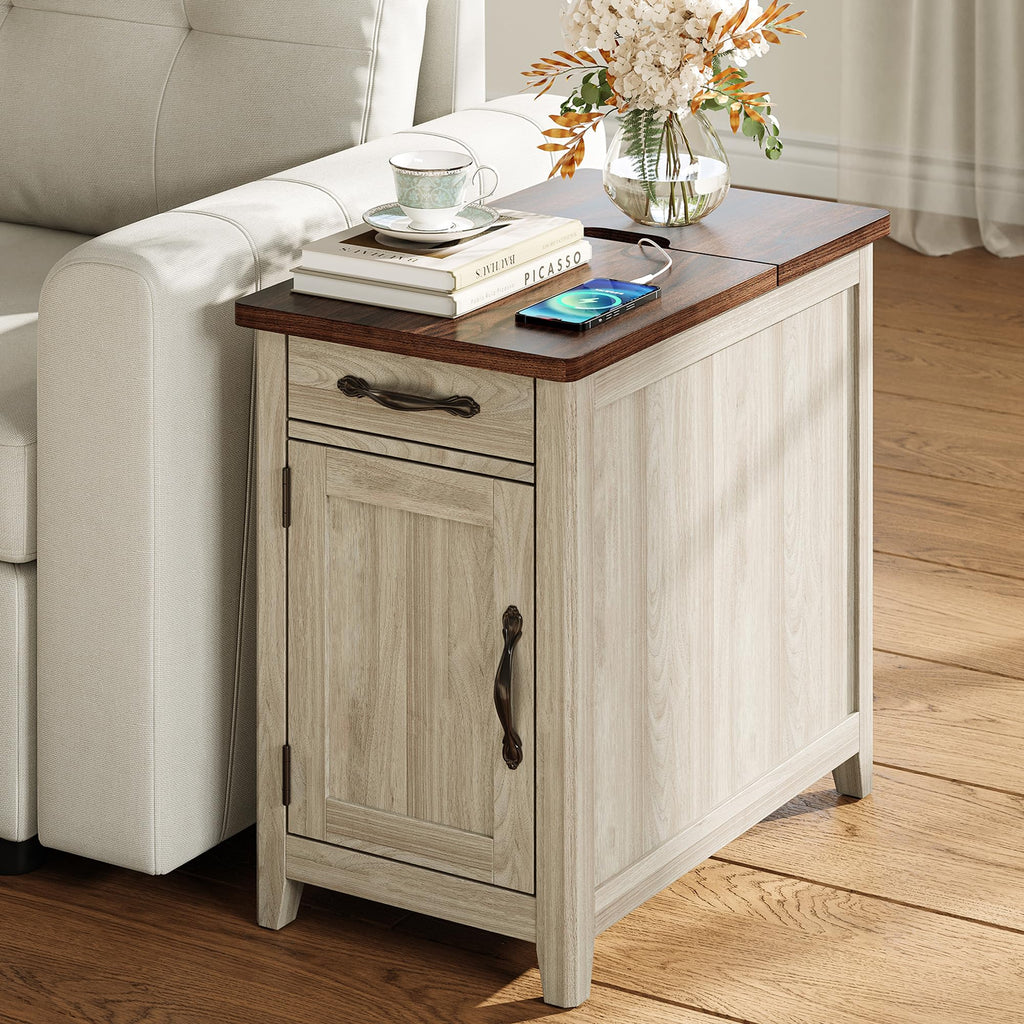 Charging End Table with USB Ports, Wooden Door, Washed Grey H91429