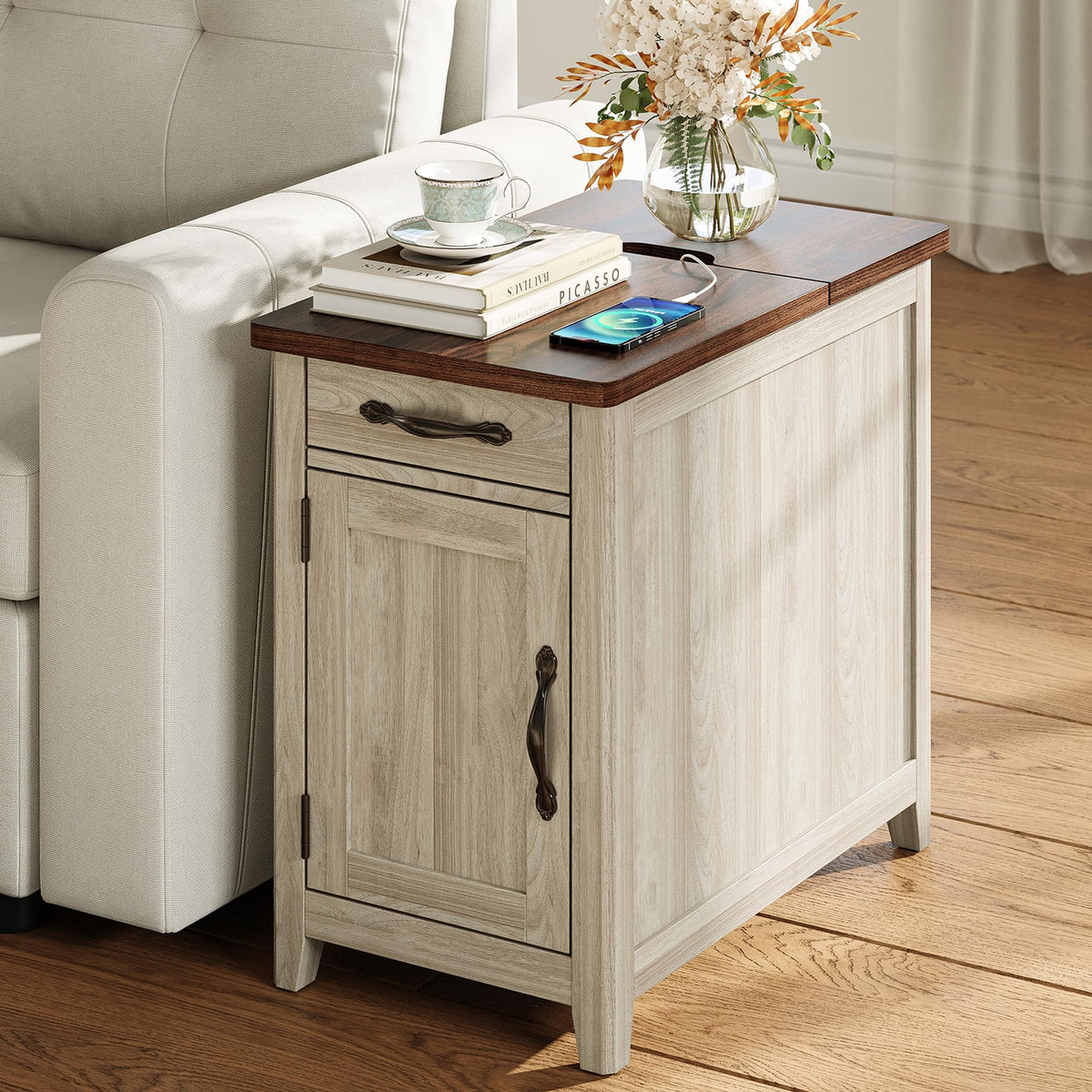 Charging End Table with USB Ports, Wooden Door, Washed Grey H91429